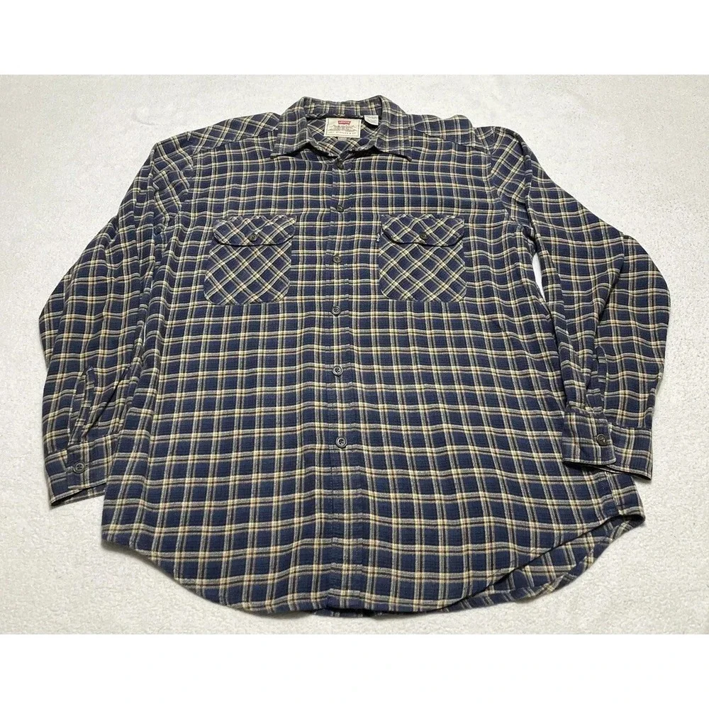 Mens Levis Flannel Shirt Size Large Blue Plaid Long Sleeve Pockets Button Up